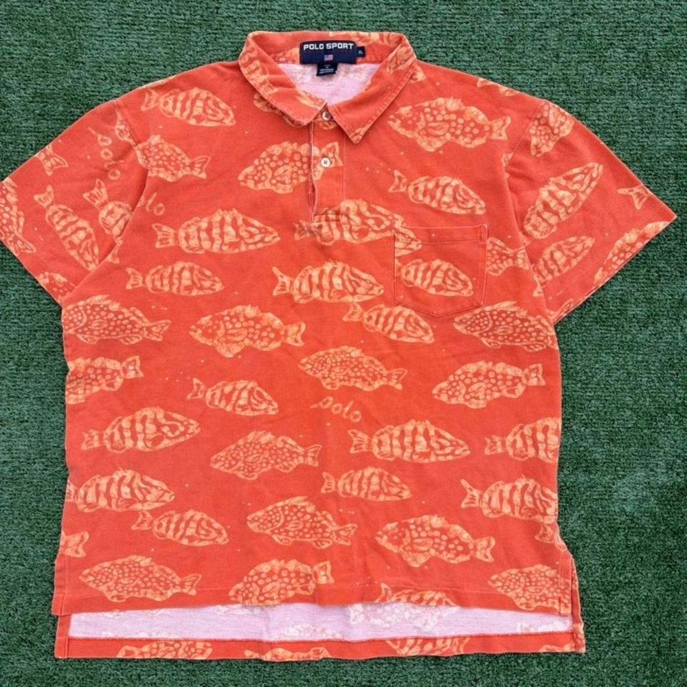 90s Polo Sport Ralph Lauren All Over Fish Print Pocket Polo Shirt Orange